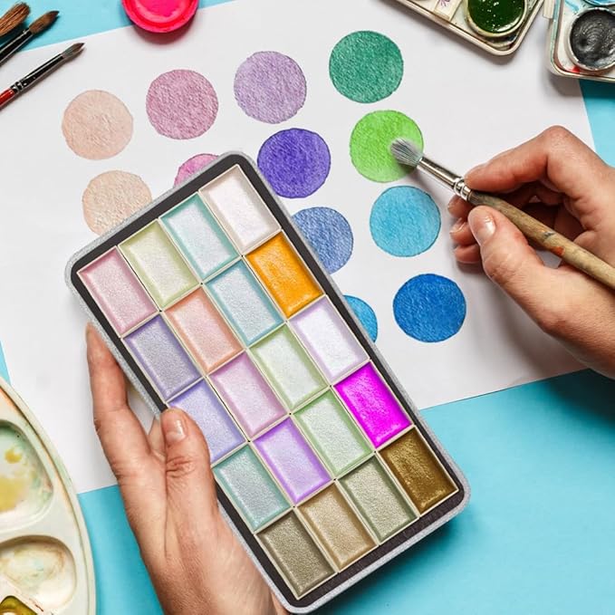 Portable Watercolor Paint Palette with Tins, Lightweight Empty Full Pans with Magnetic Squares, Metal Paint Tray Palettes for Travel, Acrylics Painting and Art, 20Full Pans,Silver