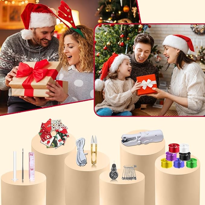 Handheld Sewing Machine,Mini Sewing Machine for Beginners,with 8 New Year's Fabric Pieces and 24 Sewing Accessories,Perfect for 2026 New Year DIY Gifts Decoration and Clothing Repairs