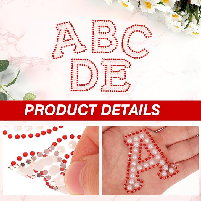 107 Pcs Pearl Rhinestone Self Adhesive Stickers 3 Sheets A-Z Glitter Letter Stickers and 1 Sheet 0-9 Number Sticker Bling Crystal Alphabet Sticker for DIY Crafts (White+red)