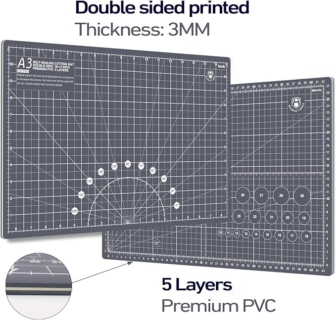 Headley Tools 18"x12" Thickened Self Healing Cutting Mat, A3 Rotary Cutting Sewing Mat for Crafts, Double Sided 5-Ply Table Cutting Board for Fabric Quilting Leather Arts Hobby Project, Grey