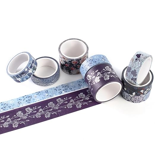 YUBX Elegance Blue Washi Tape Set 8 Rolls Wide Silver Embellishment Decorative Masking Tapes for Arts, DIY Crafts, Journals, Planners, Scrapbook, Wrapping