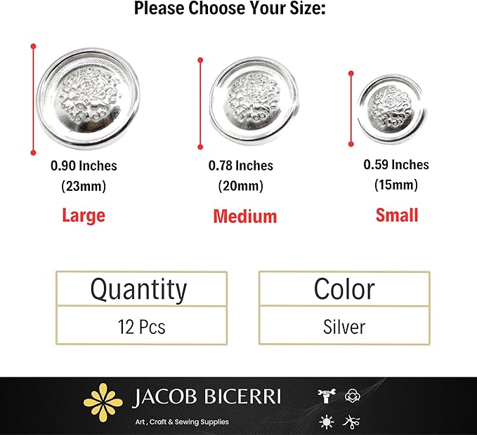 Silver Metal Shank Buttons - 12 Pcs - 3 Size Options - Floral Round Metal Shank Buttons for Men Women Blazer Coat Uniform Shirt Suit and Jacket Sewing Craft DIY N6901