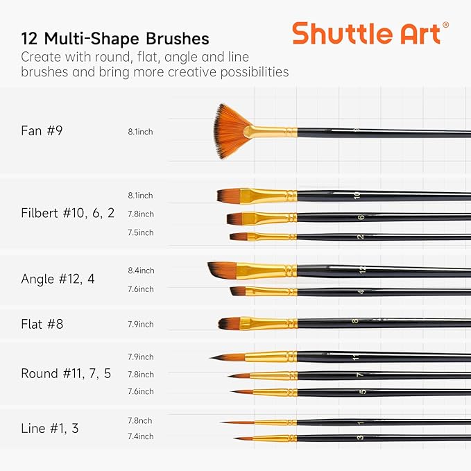 Shuttle Art 12 PCS Paint Brush Set with Case, Assorted Shapes & Sizes for Acrylic, Watercolor, Oil, and Gouache, Perfect Artist Brushes for Kids, Beginners, and Professionals, Ideal for Home or Travel