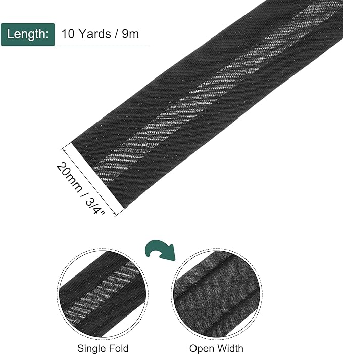 MECCANIXITY 3/4 Inch Single Fold Bias Tape Cotton Continuous Bulk Bias Tape for Sewing, Seaming Quilting Hemming Binding Crafts (Charcoal Black 25 Yards)