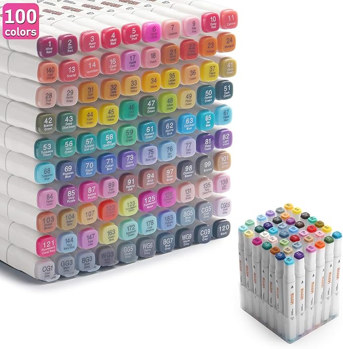 Alcohol Markers 100 Colors Art Markers Professional Art Pen Dual Tips Plus 1 Blender Permanent Ink for Painting, Coloring and Drawing