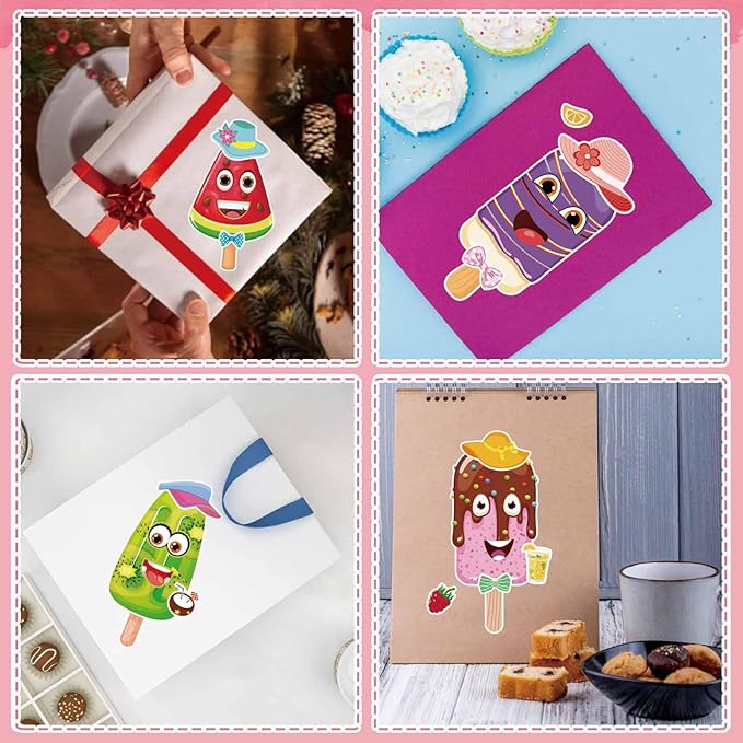 24 Sheets Make Your Own Ice Cream Stickers for Kids Toddlers, Make a Face Sticker Mix and Match Watermelon, Chocolate, Kiwi, Strawberry Ice Cream Stickers for Kids Activities Supplies Crafts