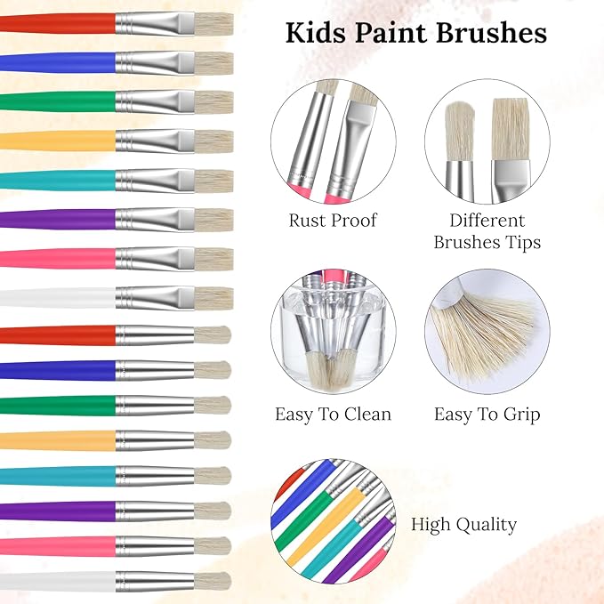 64Pcs Paint Brushes, Paint Brushes with Bristle, Round & Flat Paintbrushes, Easy Hold and Clean Toddler Paintbrushes, Big Washable Chubby Painting Brush for Acrylic Oil Watercolor Gouache