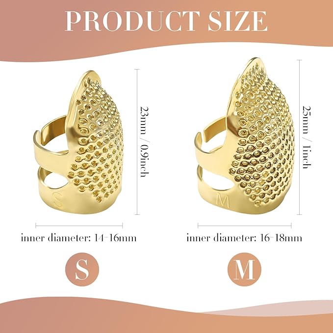 ZESION 4Pcs Sewing Thimbles, Adjustable Metal Thimbles for Hand Sewing Finger Protector, Quilting Craft Accessories for Knitting Needlework DIY Tools, Gold(2 Sizes, S/M)