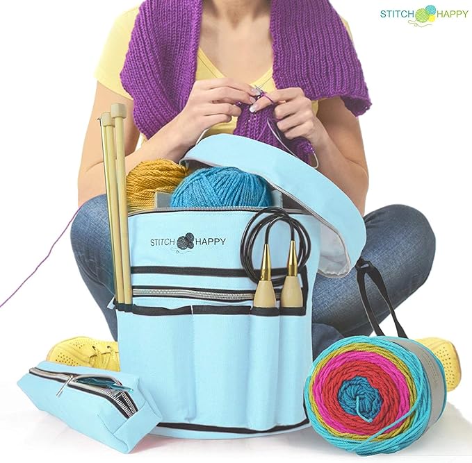 Designer Stitch Happy Knitting Starter Kit: 20 Piece Knitting Kit for Beginners & 7 Pocket Yarn Bag, Signature Yarn Storage - Angel Blue
