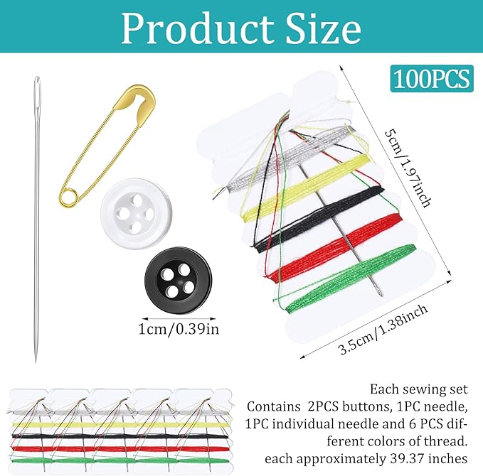 100 Sets Individual Travel Sewing Kit, Mini Sewing Kit for Basic Sewings Repair, Needle and Thread Kits for Emergency Wedding Day, Compact Sewings Kits Travel Essentials with Needles, Threads, Button