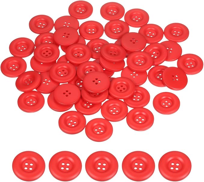 HARFINGTON 50pcs Sewing Button 28mm (1-1/8 Inch) 4 Holes Resin Thickened Round Crafting Replacement Buttons for Clothing DIY Crafts Decoration, Red