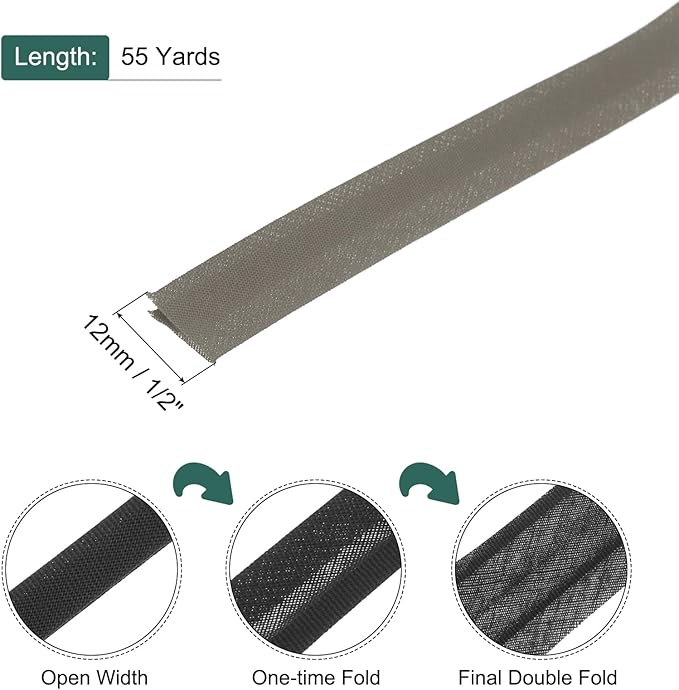 MECCANIXITY 1/2 Inch Double Fold Bias Tape Polyester Continuous Bulk Bias Tape for Sewing,Seaming Quilting Hemming Binding Crafts (Coffee 55 Yards)
