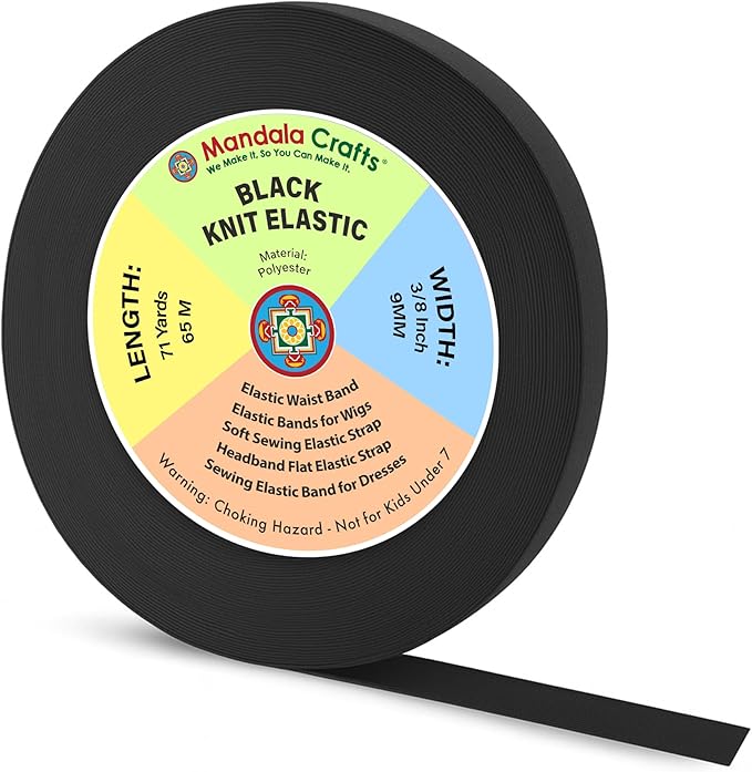 Mandala Crafts Wide 3/8 Inch Black Elastic Bands Spool for Pants Waistbands Sewing and DIY Crafts, 71 YD Stretchy Flat Fabric Strap Knit Elastic Band for Wig