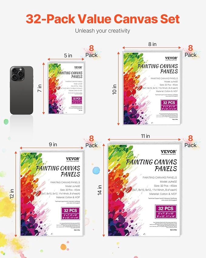 VEVOR Canvas Boards for Painting, 32 Pack White Painting Canvases Set - 5x7, 8x10, 9x12, 11x14 Painting Canvas Panels for Acrylic and Oil Painting, Watercolor, Paint Canvas for Kids and Professionals