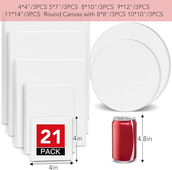 ESRICH Canvas Boards for Painting-21 Pack Blank Canvas Boards-4x4, 5x7, 8x10, 9x12, 11x14, Round Canvas D8, D10, Cotton Primed Canvas Panels, Painting Canvas for Oil, Acrylic, Watercolor.