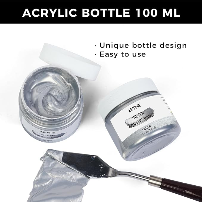 ARTME Metallic Silver Acrylic Paint, 100ml Silver Paint for Art, Hand-crafts, Non-Toxic, Non-Fading, Ideal for Canvas, Wood, Fabric, Ceramic, Stone Craft Supplies