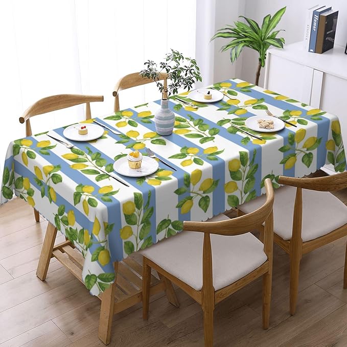 Lemon Rectangle Tablecloth Summer Yellow Lemons Blue and White Striped Table Cloth Dining Table Cover for Home Kitchen Restaurant Party Buffet Picnic 54 x 72 Inch