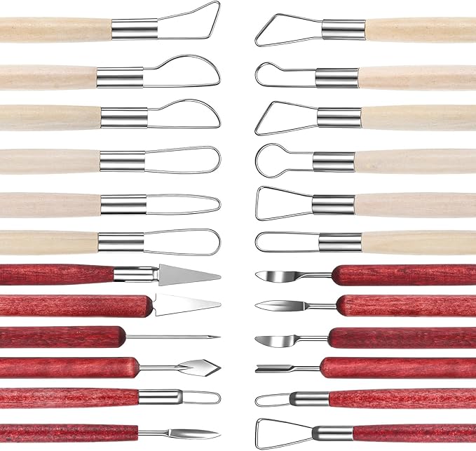 12Pcs Double-Ended Clay Sculpting Tools Stainless Steel Polymer Clay Tool Ceramic Pottery Ribbon Sculpting Tools Wooden Handle Pottery Tool for Embossing