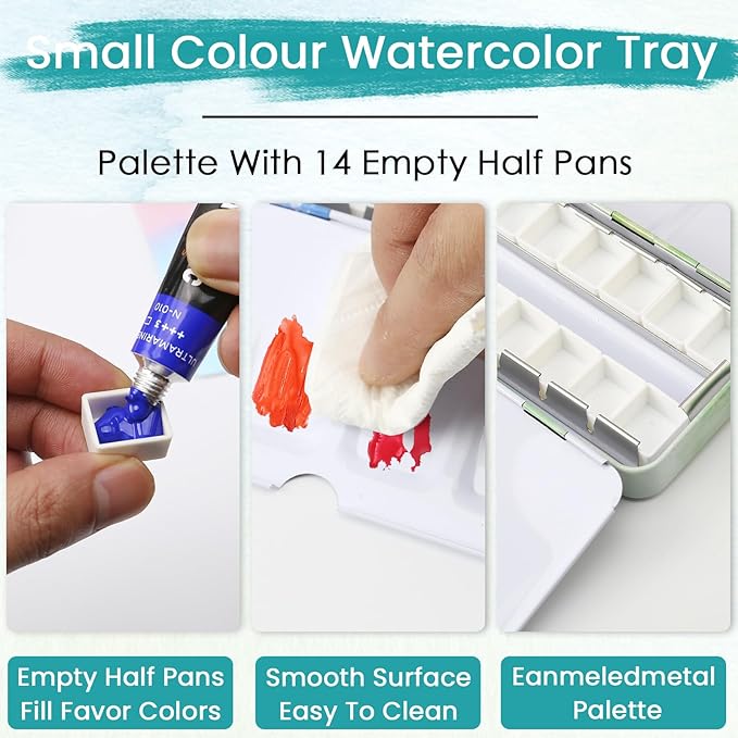 Empty Watercolor Palette with Paint Tray and 14PCS Empty Watercolor Half Pans - Sturdy Empty Watercolor Palette Tin - Watercolor Travel Palette Empty