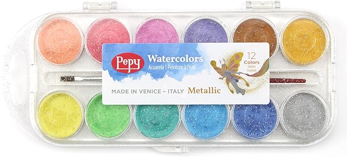 Pepy Watercolor Paint; Set of 12 Colors; Includes Brush & Closable Mixing Tray, Metallic Pearlescent Multicolor