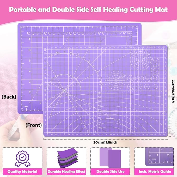 Rotary Fabric Cutter and Mat Set, Audab Self Healing Sewing Mats Shirt Cutter 45mm Rotary Cutting Wheel with Fabric Tool Blades for Cloth Crafts Quilting Scrapbooking Hobby (A4 9" x 12" Purple)