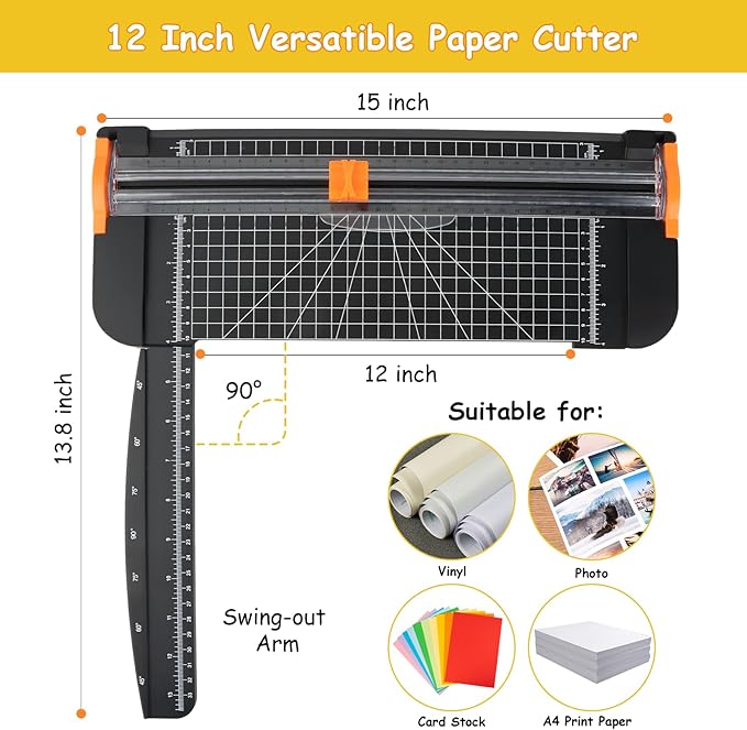A4 Paper Cutter 12 Inch Paper Trimmer Scrapbook Supplies Tool for Craft Paper, Photo, Cardstock with Security Safeguard and Foldable Ruler（Black）