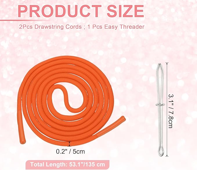 uxcell 2pcs 53inch Drawstring Cords Replacement Drawstring Hoodie String Sewing Tool with Easy Threader for Hoodie Sweatpants Jackets Pants Hats Coats Bags, Light Orange