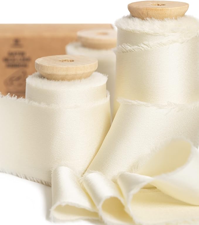 Vitalizart White Silk Satin Ribbon 1-1/2 inch x 15 Ivory Handmade Frayed Ribbons for Gift Wrapping Baby Shower Wedding Bridal Bouquets Holiday Decor Cream