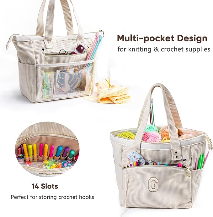 Initial Personalized Corduroy Yarn Bag Tote - Storage & Holder for Crocheting & Knitting - Organizer for Hooks & Accessories - Gift for Crochet Lovers