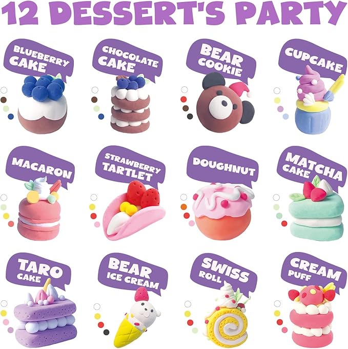 Air Dry Clay for Kids,12 Desserts Theme Party Foam Clay,Ultra Light Modeling Clay Kit, DIY Art and Home Party Favors for Boys & Girls (Dessert)