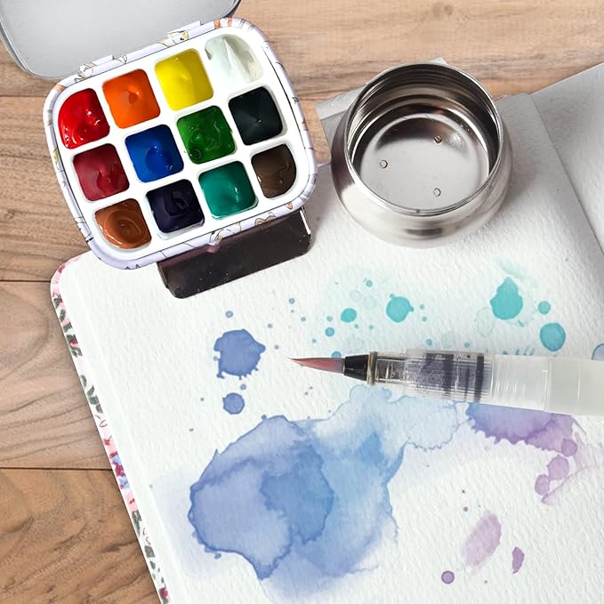 Portable Mini Tin Box,12-Well Empty Watercolor Palette,Small Paint Storage Travel Artist Outdoor Sketch Watercolor Kits with Magnetic Clip and Oil Pot .Lying Cat