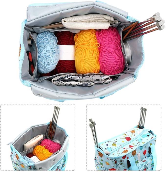 SumDirect Yarn Bag, Knitting Organizer Tote Bag Portable Storage Bag for Yarns, Carrying Projects, Knitting Needles, Crochet Hooks, Manuals and Other Accessories (Cute Blue)