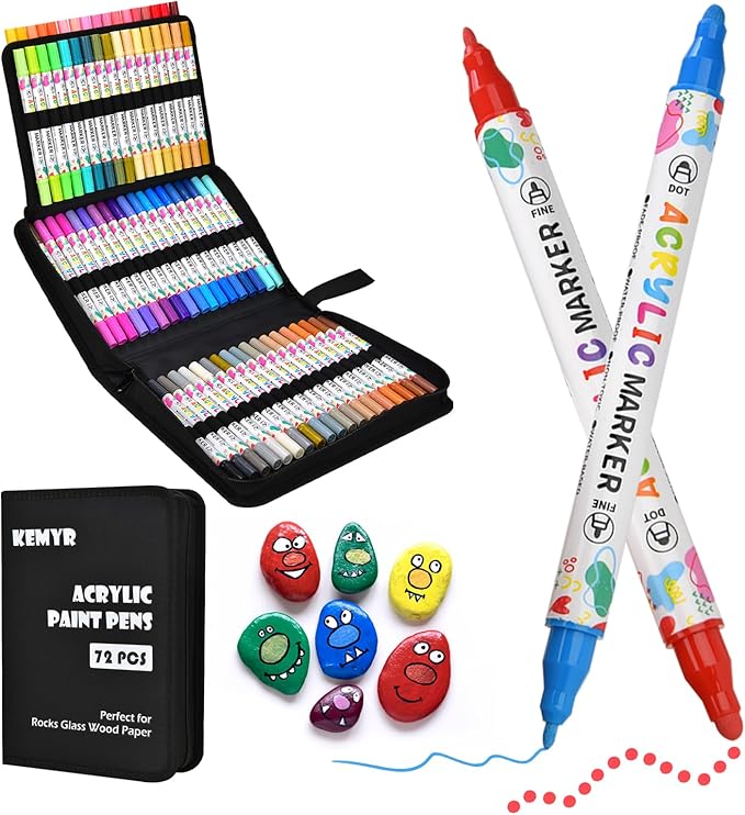 72 Colors Acrylic Paint Pens, Dual Tip Acrylic Paint Markers for Paper, Wood, Canvas, Stone, Rock Painting, Glass, Fabric, DIY, Ceramic, Art Supplies for Adults Drawing (Dot + Fine)