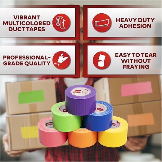 XFasten Rainbow Colored Duct Tape Heavy Duty 6-Pack 15 Yards x 2 Inch, Colored Duct Tape Variety Pack Bulk, Waterproof, Vibrant Colors, Easy Tear, Writable, Clean Removal for Crafts, Labeling, Packing