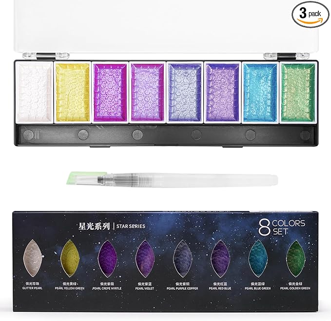 LIGHTWISH Metallic Waterolor Paints,8 Star Colors,Artist Glitter Solid Watercolors with 1 Water Brush Pen for Artists, Students and Beginners