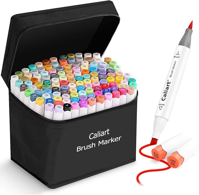 Caliart 121 Colors Alcohol Markers Brush Tip, Dual Tip Artists Coloring Markers Set Brush & Chisel, Permanent Alcohol Based Colored Sketch Pens, Art Supplies Gifts for Adults Illustration Drawing