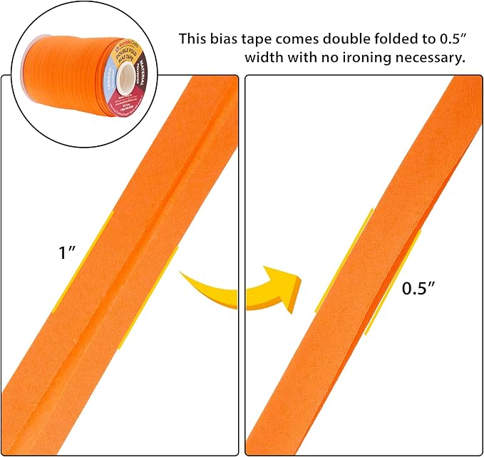 Mandala Crafts 55 Yards 1/2 Inch Orange Double Fold Bias Tape for Sewing - Bias Binding Tape for Quilting Binding, Hemming, Seam, and Fabric Piping
