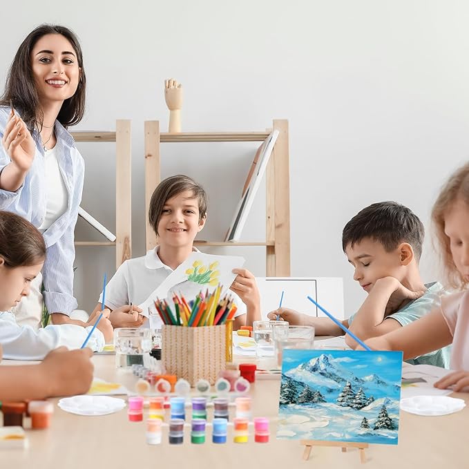 Qilery 12 Set Acrylic Paint Kit Mini Stretched Canvas with Easel, Acrylic Paints Strips, Brushes, Palette, Art Set for Kids Adults Classroom Birthday Party Favors(6 x 8 Inch)