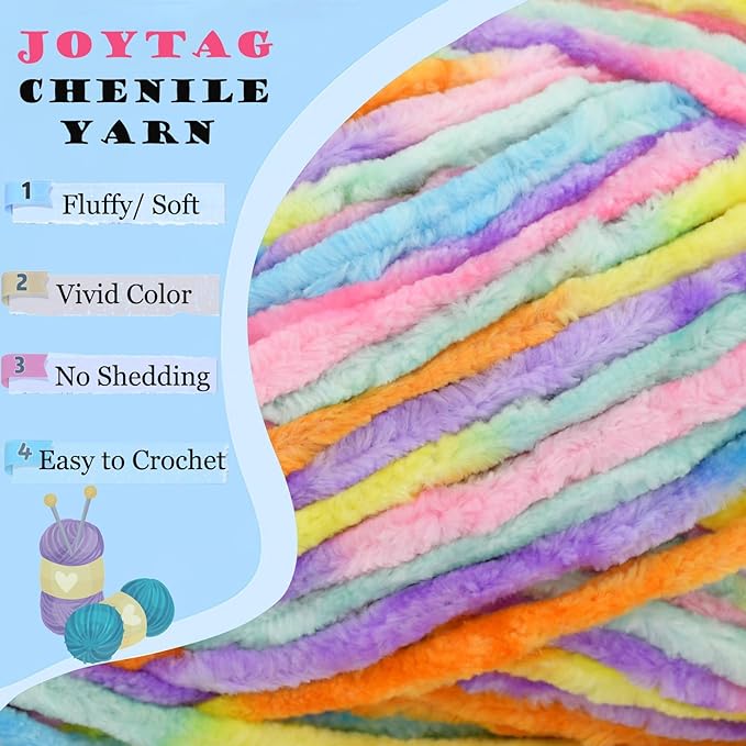 Velvet Chenille Yarn for Crocheting Pastel Rainbow Velvet Fluffy Plush Thick Bulky Chunky Chenille Velvet Soft Baby Blanket Yarn for Crocheting Hand Knitting 3 * 100g-Pastel Rainbow