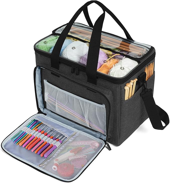 Teamoy Knitting Bag, Yarn Tote Organizer with Inner Divider (Sewn to Bottom) for Crochet Hooks, Knitting Needles(Up to 14”), Project and Supplies, Black -No Accessories Included