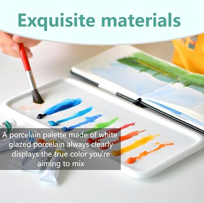 Porcelain Watercolor Palette, Ceramic Artist Paint Palette, Watercolor Mixing Tray for Watercolor Gouache Acrylic Oil Painting (10 * 4.7'' Rectangle)