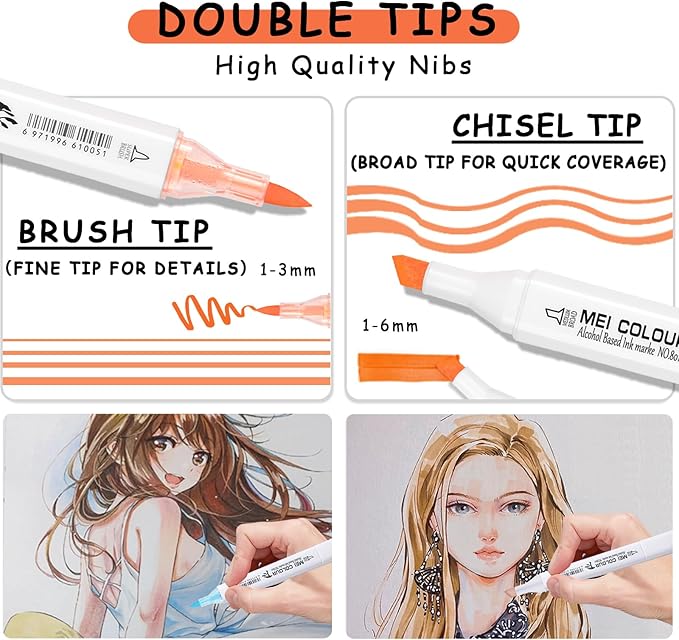 Brush Tip Alcohol Markers for Adults Artists, 60 Animation Color Dual Tips Art Mark Pen Set, Permanent Drawing Professional Marker Christmas