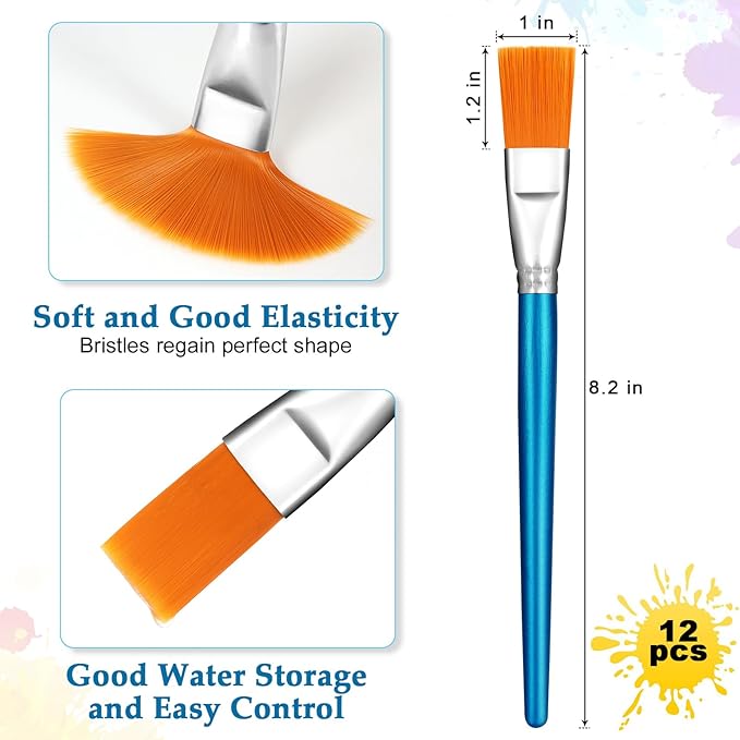 1 Inch Flat Paint Brushes for Acrylic Painting, 12 Pcs Acrylic Paint Brush Bulk, Arts Crafts Paintbrushes with Wooden Handle for Watercolor Oil Face Body Art Kids Adult Artist