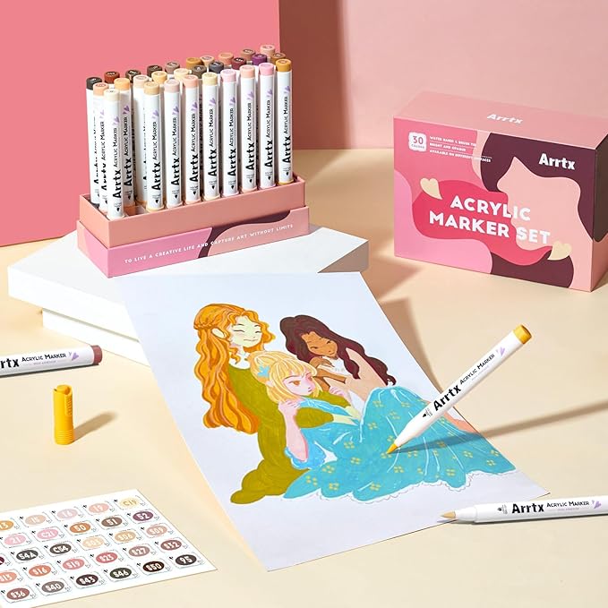 Arrtx Acrylic Markers Skin Tone 30 Colors,Brush Tip,Water Based Acrylic Paint Pens Paint Markers,Perfect for Glass Marking,Anime Drawing,illustration Sketching,Rock Painting,Stone,Canvas