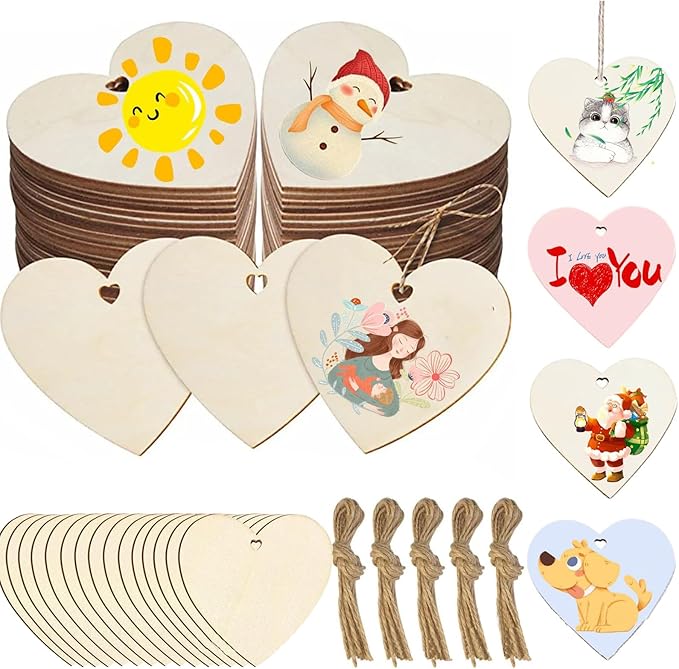 50 Pcs Wooden Ornaments, BetterJonny 3.15 * 2.56in Unfinished Natural Wood Slices with Holes Blank Wood Discs with 50pcs Jute Rope for DIY Christmas Decoration