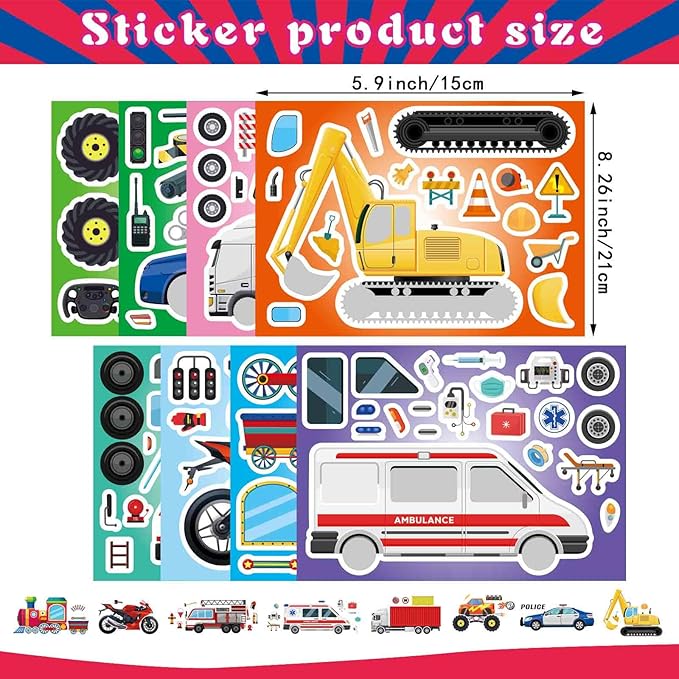 DUJAA 24 Sheets Vehicle Stickers for Kids, Make Your Own Police Car, Ambulance, Truck, Train, Motorcycles Engineering Vehicle Stickers for Toddlers, Brithday Party Supplies Classroom Teacher Reward