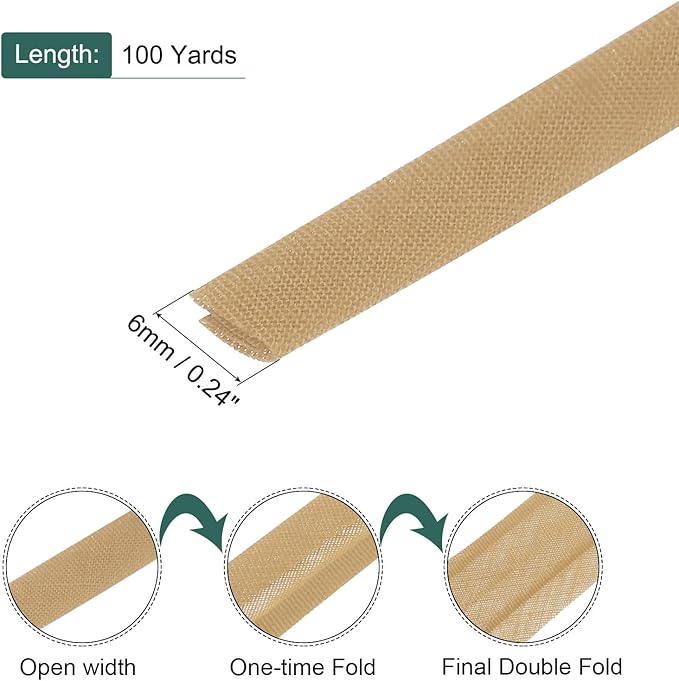 MECCANIXITY 1/4 Inch Double Fold Bias Tape Polyester Continuous Bulk Bias Tape for Sewing, Seaming Quilting Hemming Binding Crafts (Khaki 100 Yards)