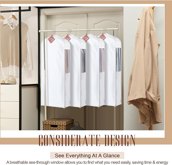 40" Short Cotton Garment Bag for Hanging and Storage Clothes with 4 Cedar Blocks for Fresh Smell, Breathable Hanging Bags for Closet Storage Fur Coat Suit Sweater Jackets, 6'' Wide, White