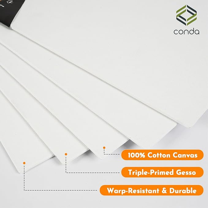 CONDA Canvas Panels Multi-Pack 32, 8 of Each Assorted Sizes 5 x 7, 8 x 10, 9 x 12, 11 x 14 inch Professional Quality Artist Cotton Canvas Board Assortment Pack