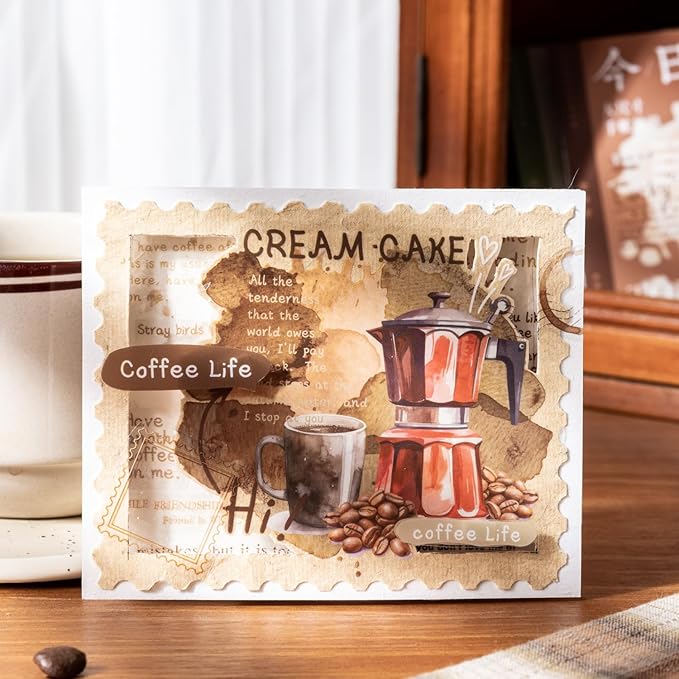 Coffee Aesthetic PET Stickers, 60 Pcs Large Collage Ephemera for Scrapbooking, Journaling, DIY Crafting, and Art Supplies